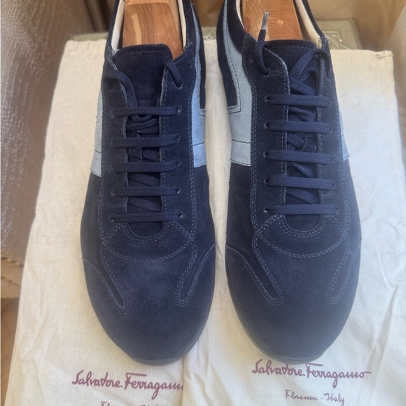 Salvatore Ferragamo Blue Suede Sneakers Sleek Minimalist Design.